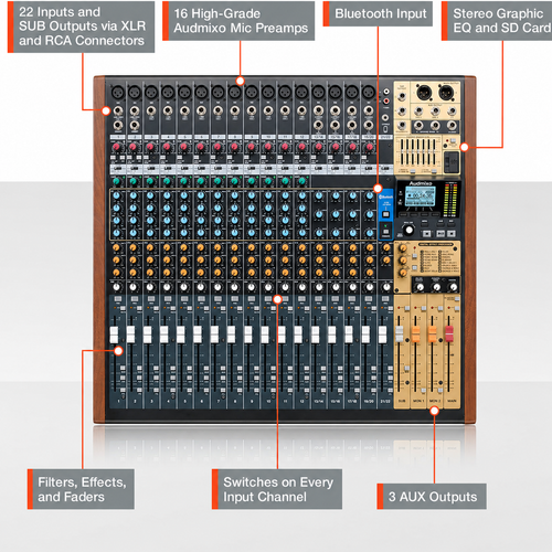 24-Track Professional Analog Mixer with USB Audio Interface & Multi-Track Recording